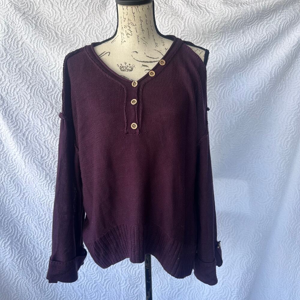 Wonderly Plum Knit High Lo Henley Sweater, Open Left Shoulder NWT, Size M